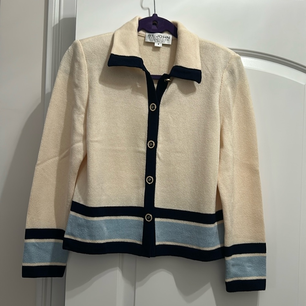 Vintage St. John Clasdic cream, blue Bolero sweater jacket.4